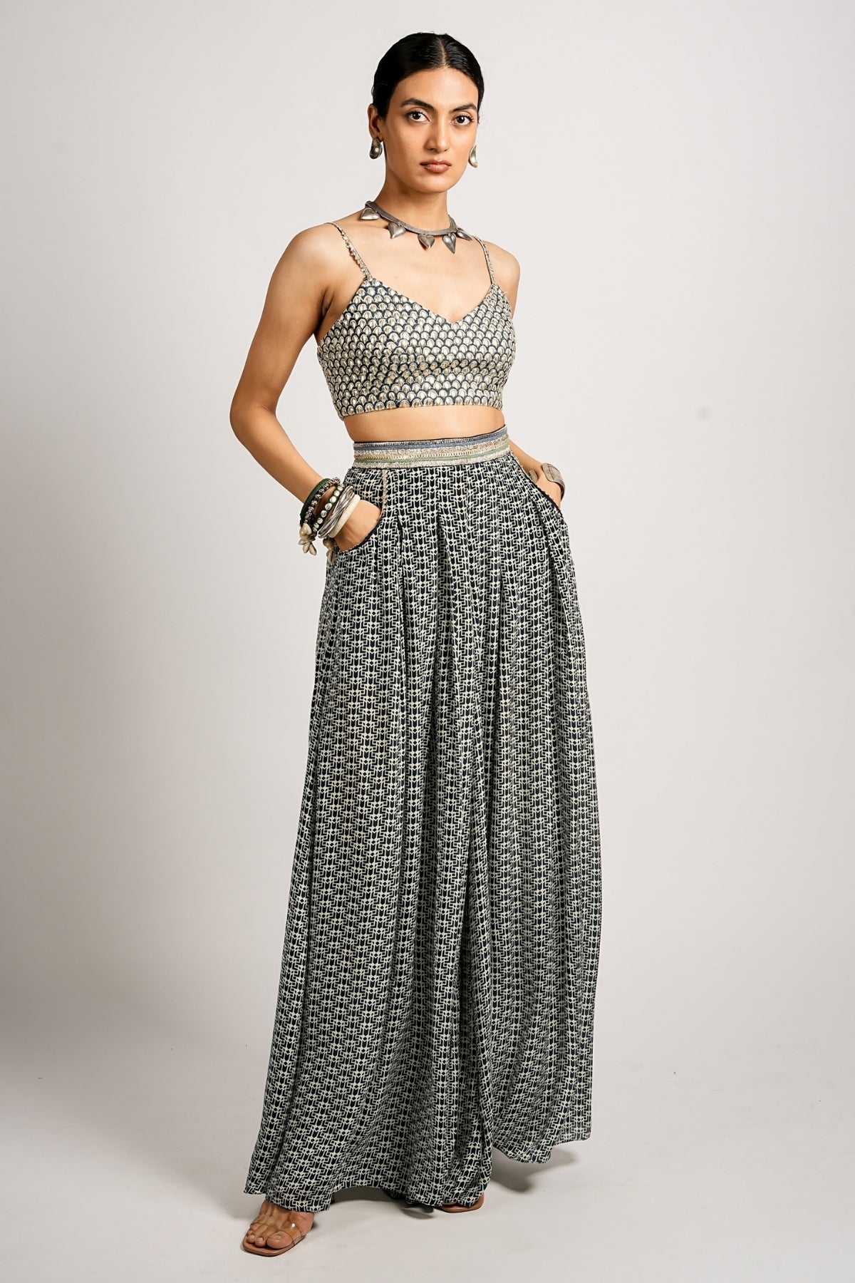 Mehra Cape Jacket With Pleated Pants and Bustier