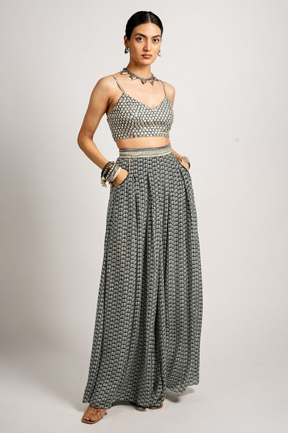 Mehra Cape Jacket With Pleated Pants and Bustier