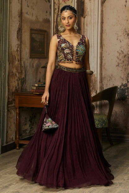 PLUM PRINT AND HIGHIGHTED BLOUSE WITH SKIRT SET