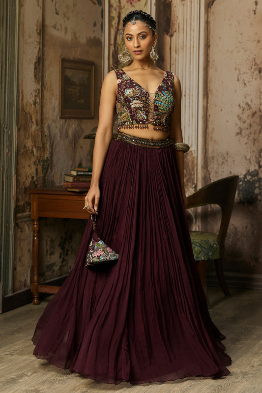 PLUM PRINT AND HIGHIGHTED BLOUSE WITH SKIRT SET