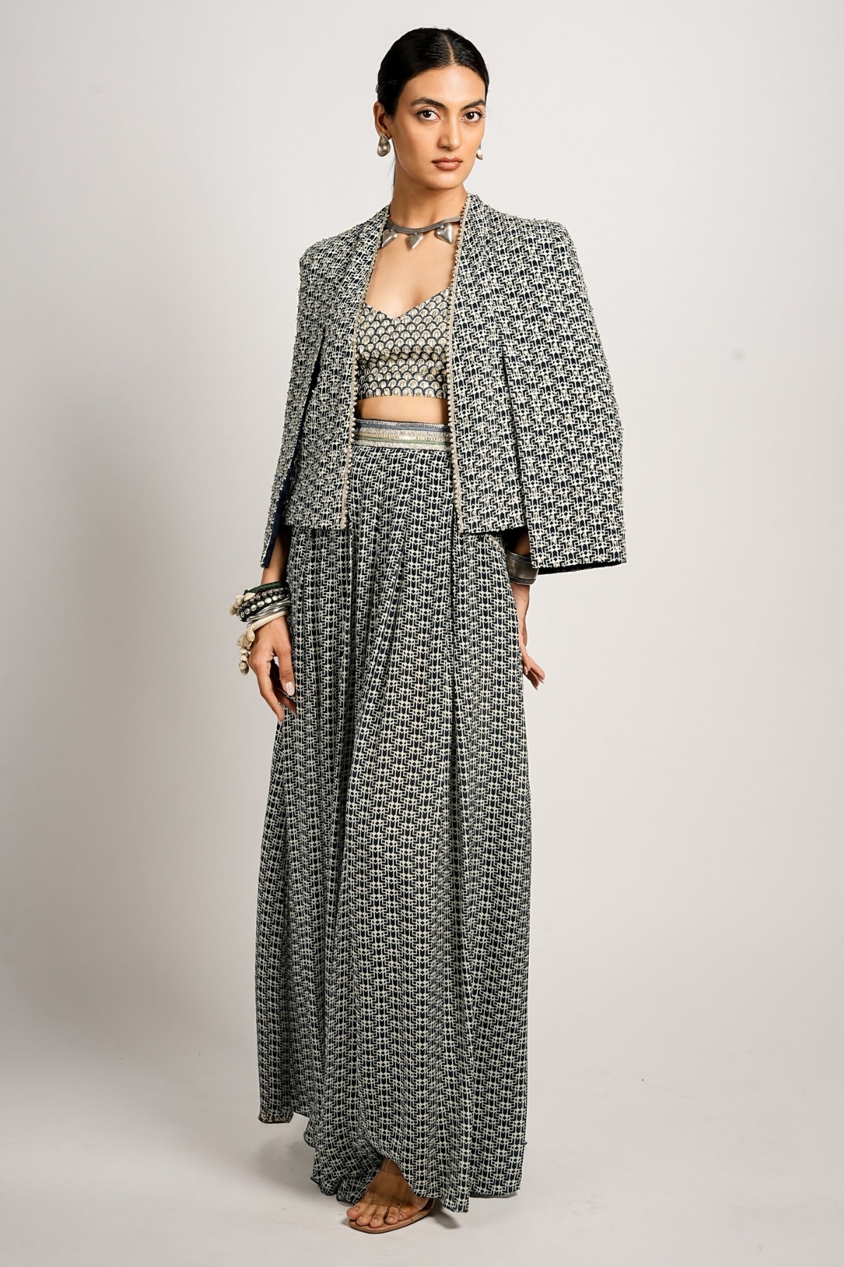 Mehra Cape Jacket With Pleated Pants and Bustier