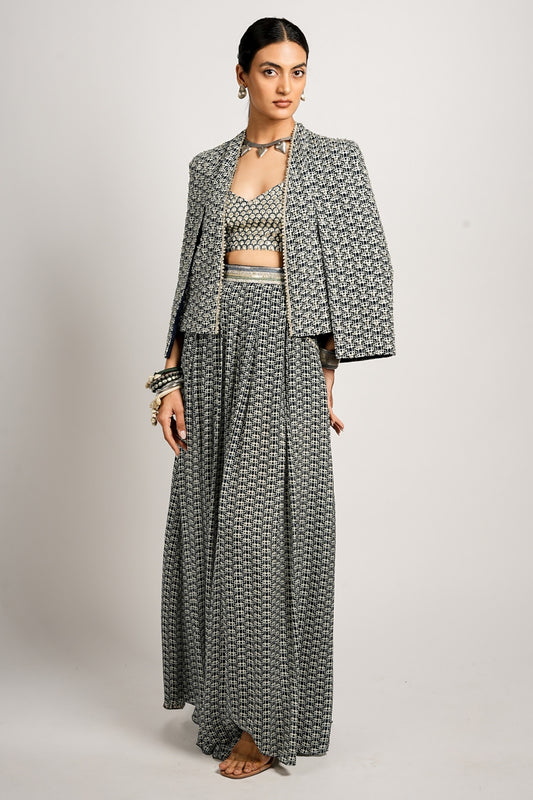 Mehra Cape Jacket With Pleated Pants and Bustier