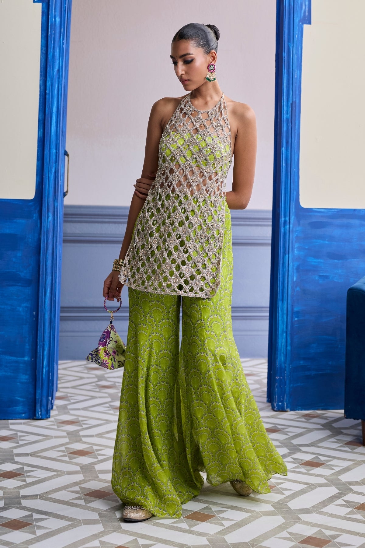 NEON GREEN PRINTED BUSTIER WITH BELL-BOTTOMS & EMBROIDERED CUTWORK KURTI SET