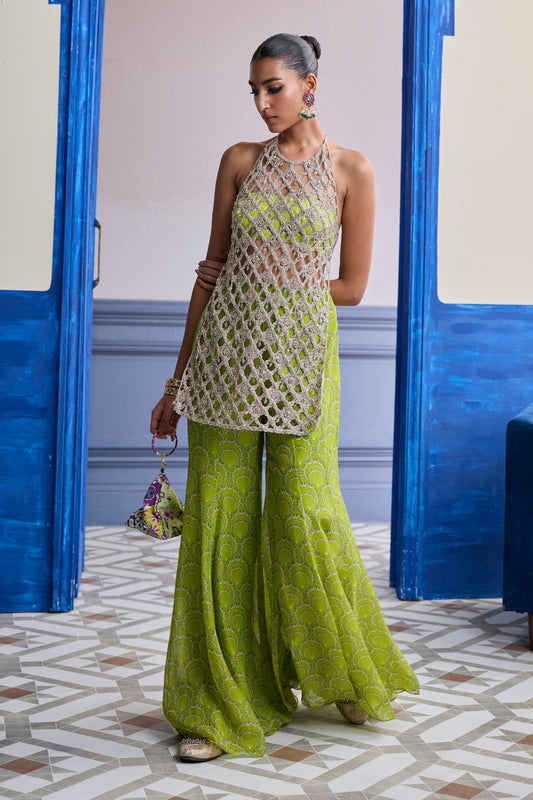 NEON GREEN PRINTED BUSTIER WITH BELL-BOTTOMS & EMBROIDERED CUTWORK KURTI SET