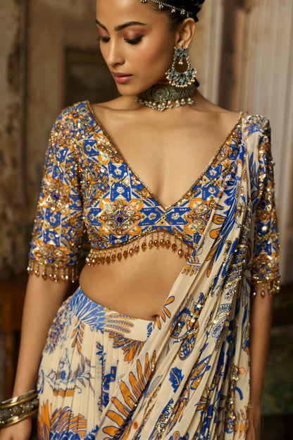 IVORY PRINTED AND HIGHLIGHTED SHARARA PANTS SAREE SET