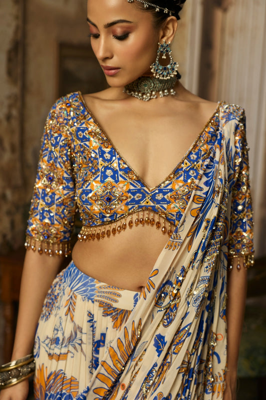 IVORY PRINTED AND HIGHLIGHTED SHARARA PANTS SAREE SET