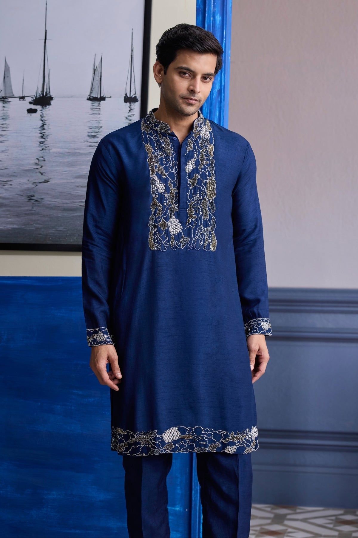DARK BLUE ABSTRACT EMBOIDERED KURTA WITH SOLID PANTS
