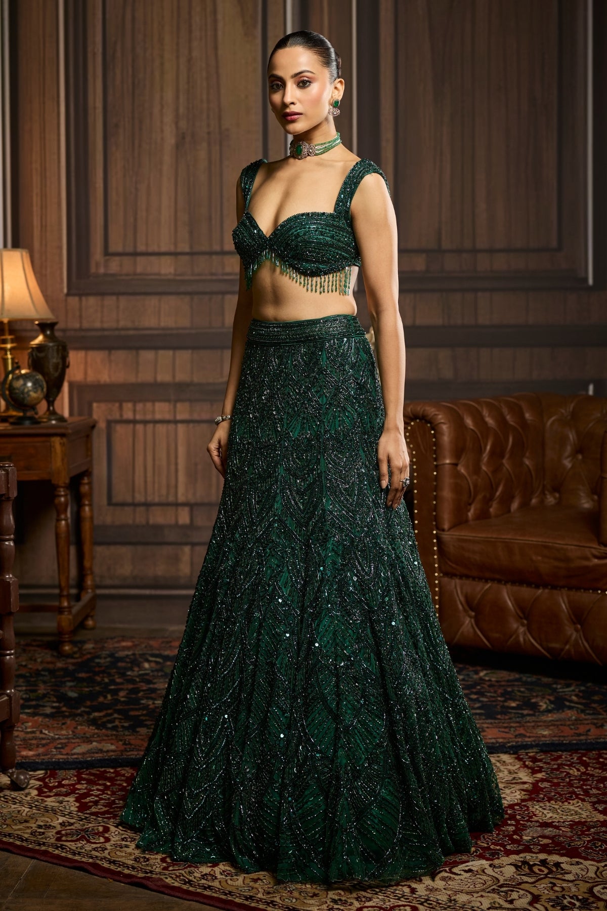 EMERALD GREEN EMBELLISHED  MERMAID SKIRT SET