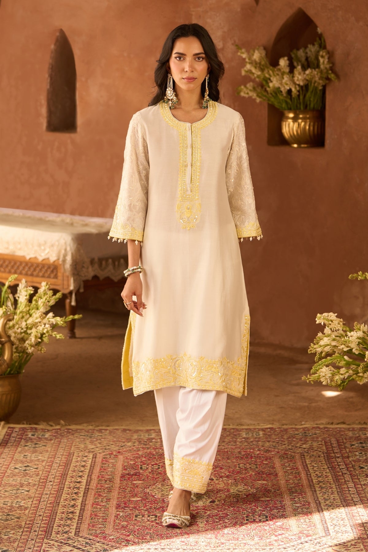 Anam - Daisy Ivory With Lemon Yellow A-line Kurta With Salwar And Dupatta