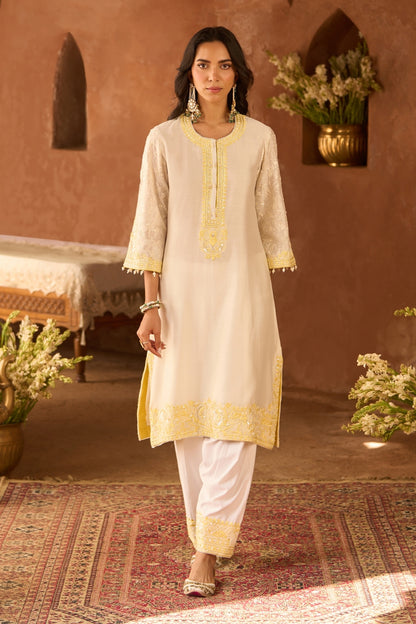 Anam - Daisy Ivory With Lemon Yellow A-line Kurta With Salwar And Dupatta