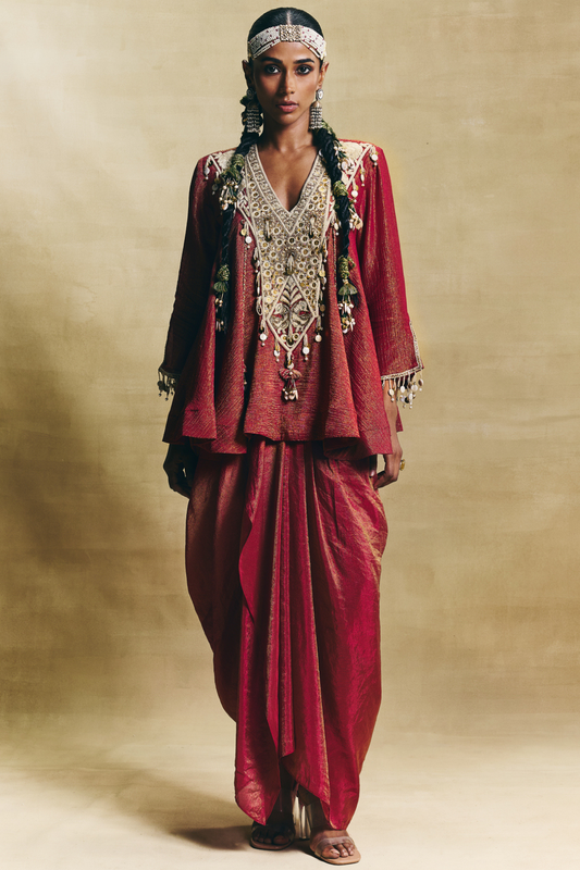 Red peplum & draped skirt