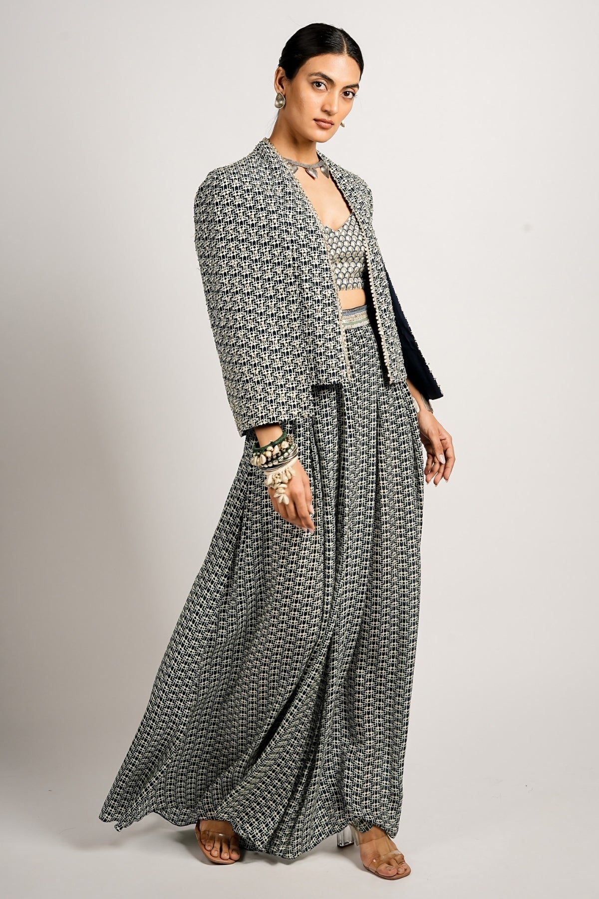 Mehra Cape Jacket With Pleated Pants and Bustier