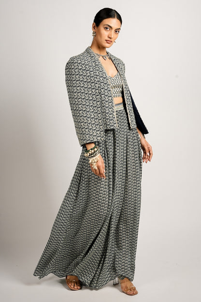 Mehra Cape Jacket With Pleated Pants and Bustier