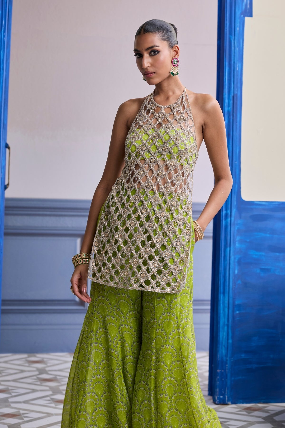 NEON GREEN PRINTED BUSTIER WITH BELL-BOTTOMS & EMBROIDERED CUTWORK KURTI SET