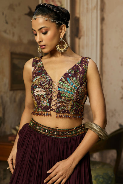 PLUM PRINT AND HIGHIGHTED BLOUSE WITH SKIRT SET