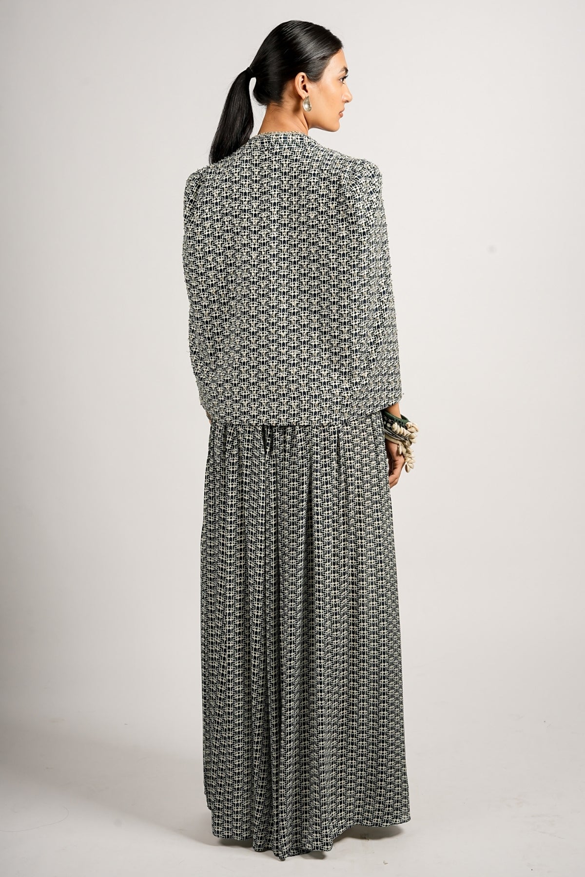 Mehra Cape Jacket With Pleated Pants and Bustier