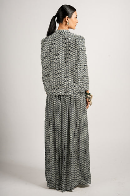 Mehra Cape Jacket With Pleated Pants and Bustier