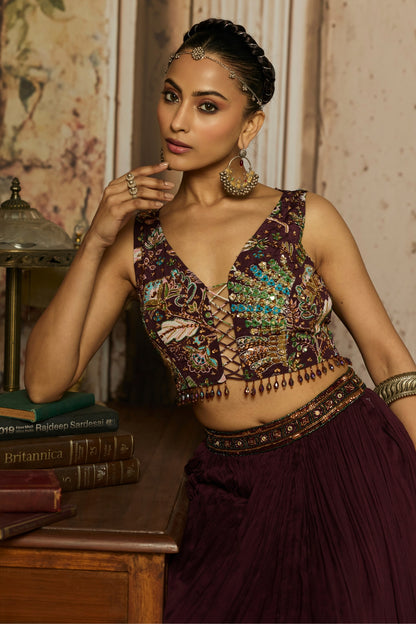 PLUM PRINT AND HIGHIGHTED BLOUSE WITH SKIRT SET