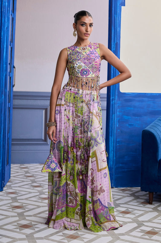 BUBBLEGUM MOSAIC YOKE BLOUSE WITH LONG TASSELS & PRINTED SHARARA SET