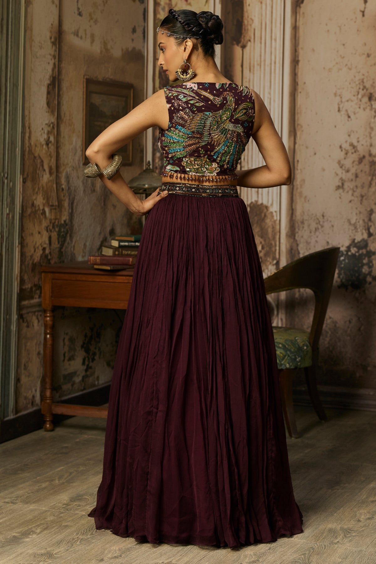 PLUM PRINT AND HIGHIGHTED BLOUSE WITH SKIRT SET