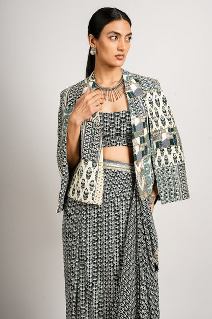 Zamara Set With Afreen Cape Jacket With Drape Skirt and Bustier