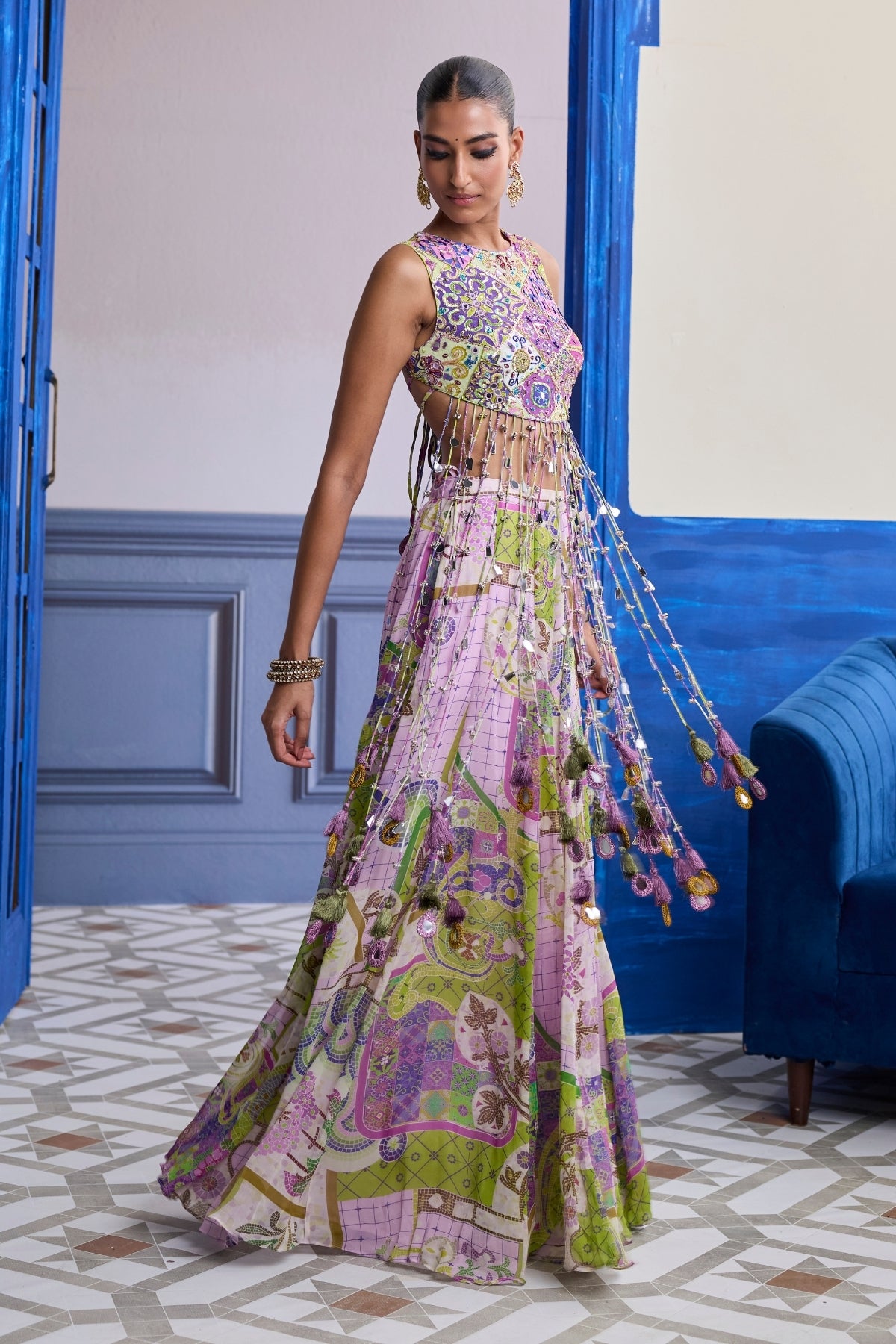 BUBBLEGUM MOSAIC YOKE BLOUSE WITH LONG TASSELS & PRINTED SHARARA SET