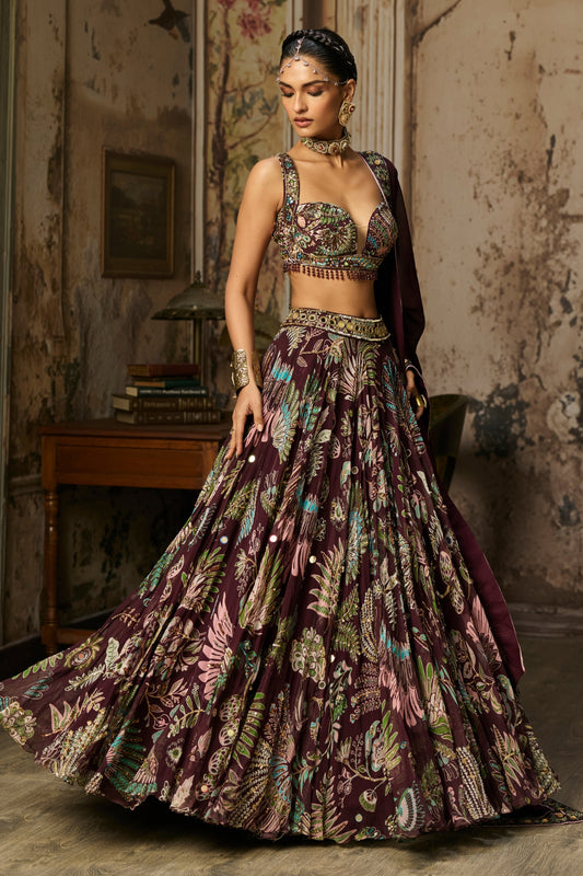 PLUM PRINTED AND HIGHLIGHTED LEHENGA SET