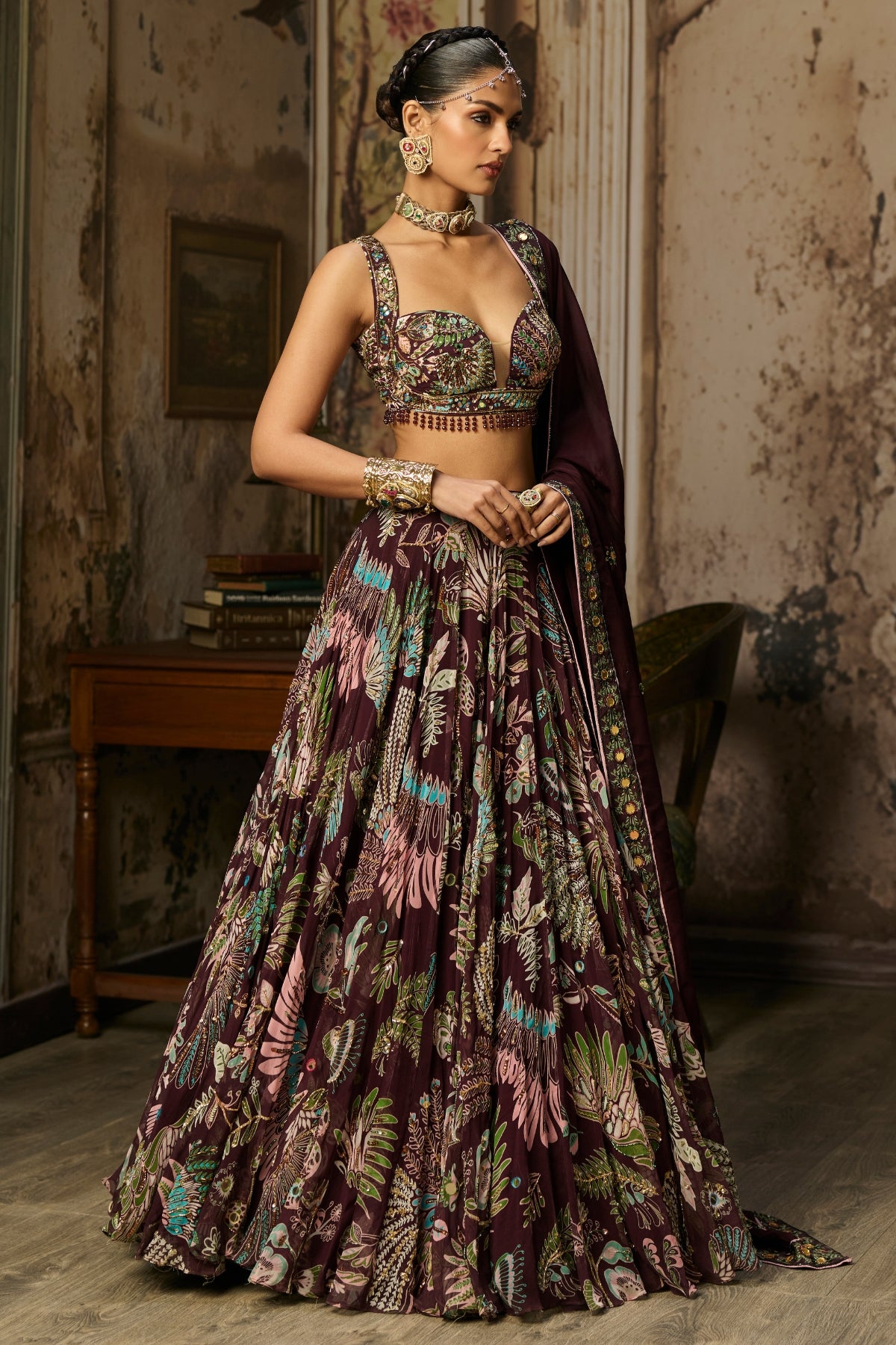 PLUM PRINTED AND HIGHLIGHTED LEHENGA SET