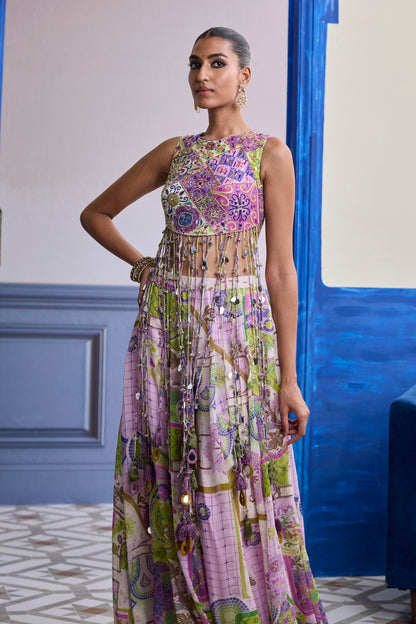 BUBBLEGUM MOSAIC YOKE BLOUSE WITH LONG TASSELS & PRINTED SHARARA SET