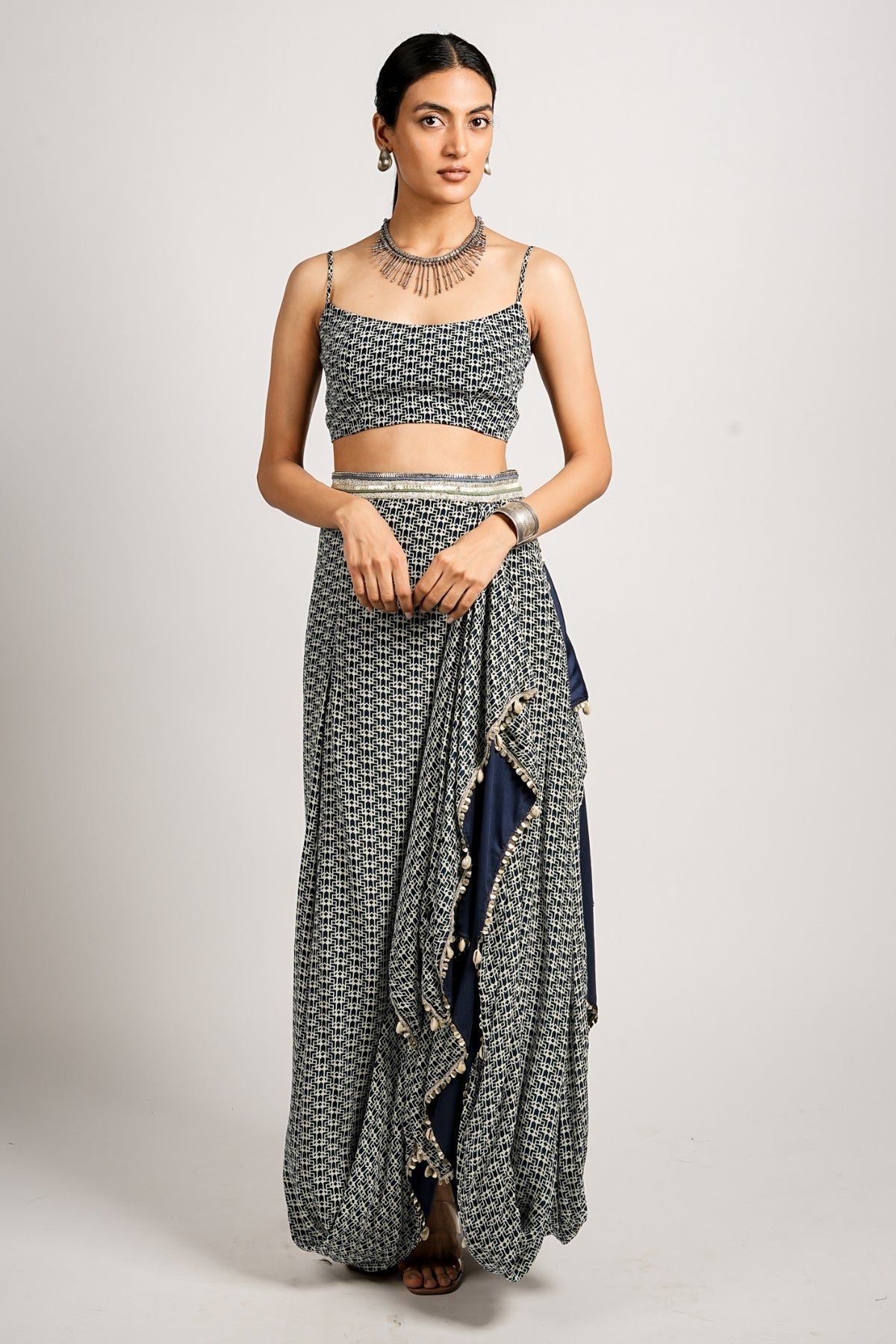 Zamara Set With Afreen Cape Jacket With Drape Skirt and Bustier