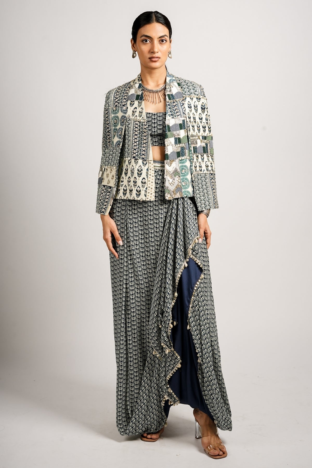 Zamara Set With Afreen Cape Jacket With Drape Skirt and Bustier