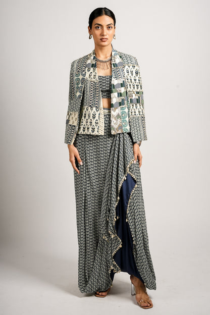 Zamara Set With Afreen Cape Jacket With Drape Skirt and Bustier