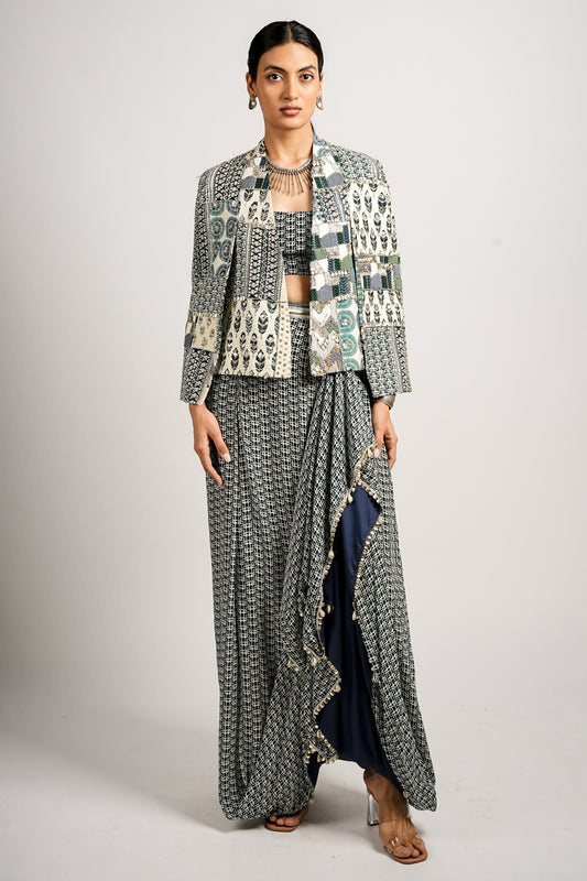 Zamara Set With Afreen Cape Jacket With Drape Skirt and Bustier