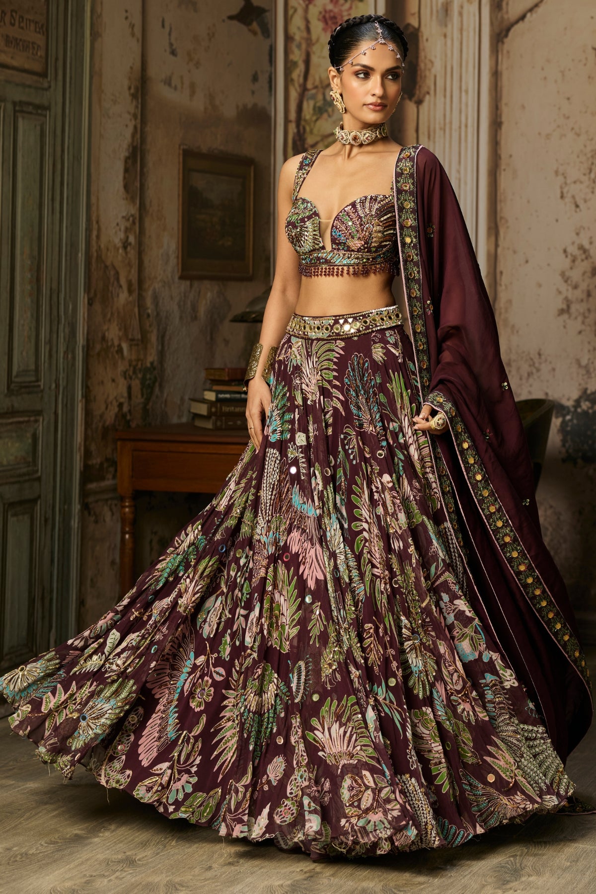 PLUM PRINTED AND HIGHLIGHTED LEHENGA SET