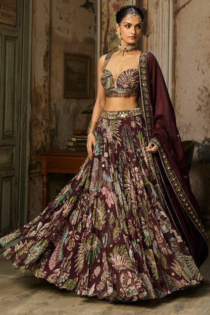 PLUM PRINTED AND HIGHLIGHTED LEHENGA SET