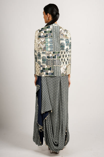 Zamara Set With Afreen Cape Jacket With Drape Skirt and Bustier