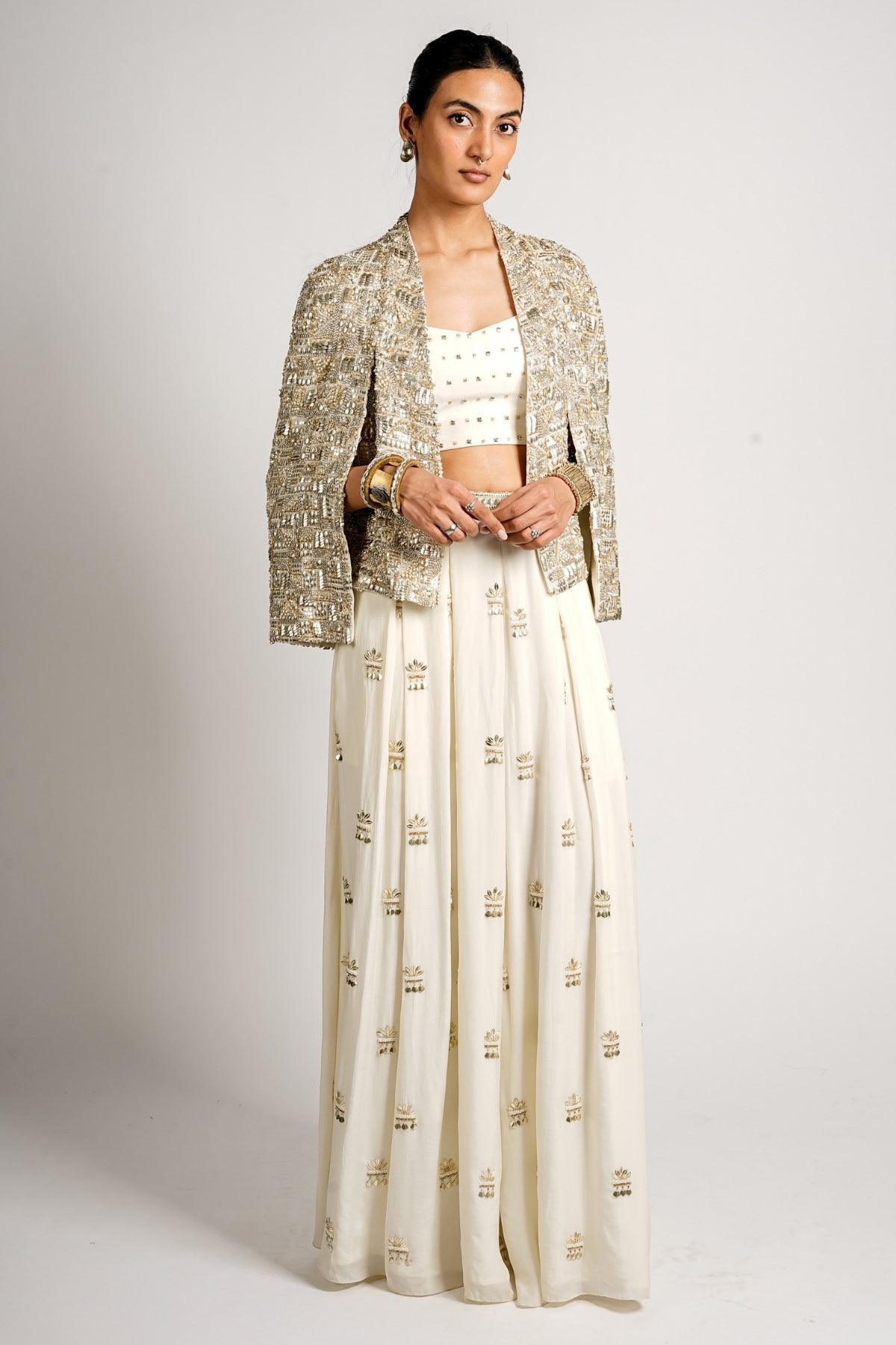 Miraya Embellished Cape Jacket With Bustier and Flared Pant