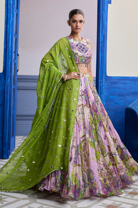BUBBLEGUM MOSAIC YOKE BLOUSE WITH LEHENGA & EMBROIDERED DUPATTA SET