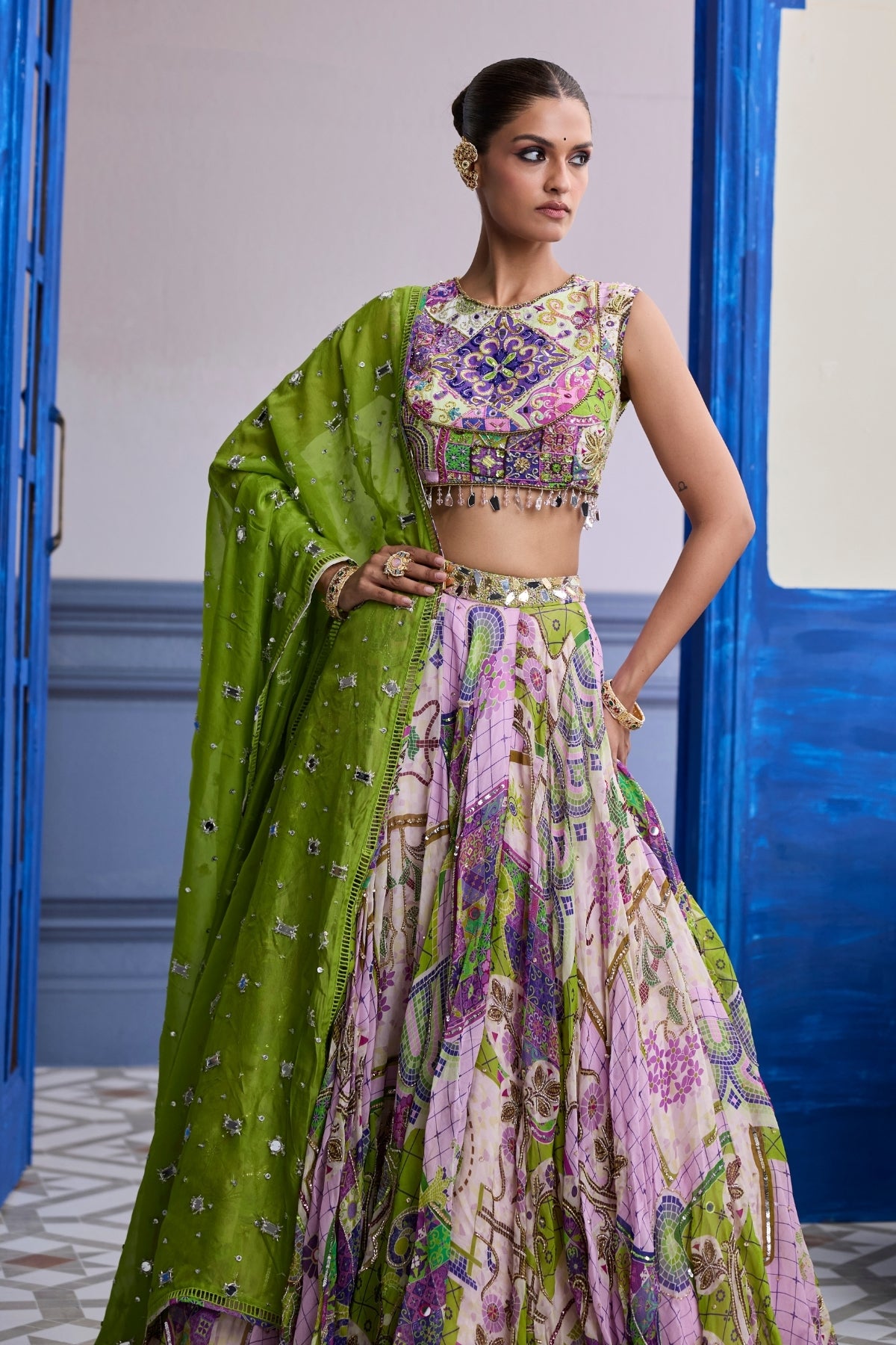 BUBBLEGUM MOSAIC YOKE BLOUSE WITH LEHENGA & EMBROIDERED DUPATTA SET