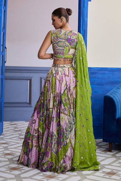 BUBBLEGUM MOSAIC YOKE BLOUSE WITH LEHENGA & EMBROIDERED DUPATTA SET