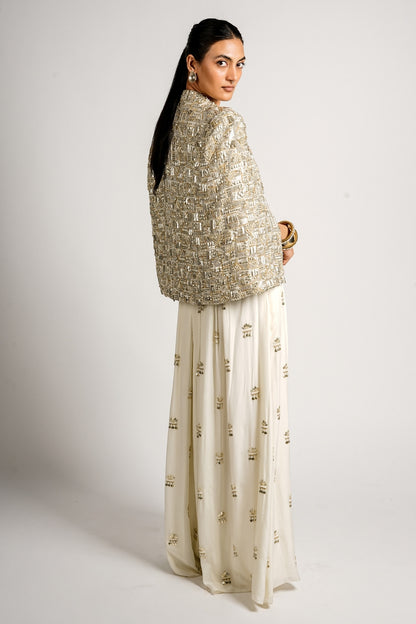 Miraya Embellished Cape Jacket With Bustier and Flared Pant