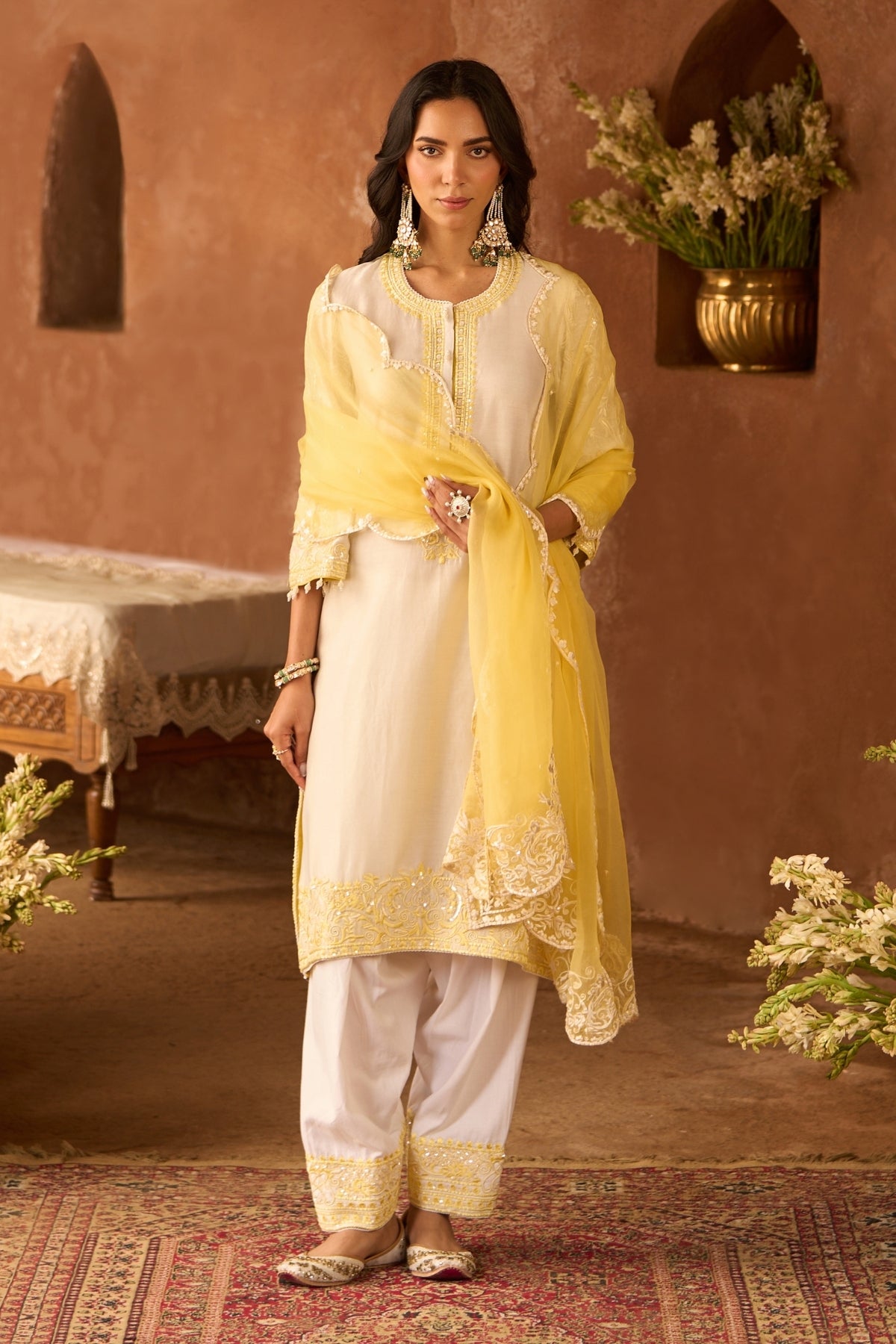 Anam - Daisy Ivory With Lemon Yellow A-line Kurta With Salwar And Dupatta