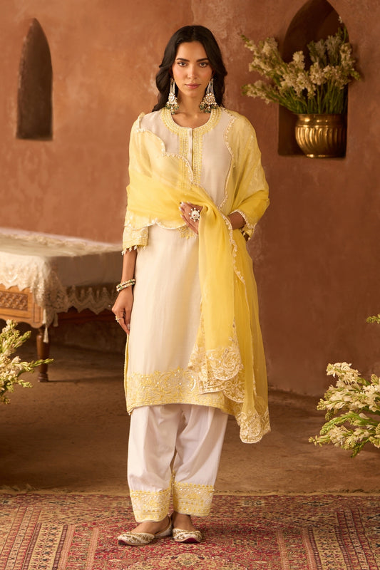 Anam - Daisy Ivory With Lemon Yellow A-line Kurta With Salwar And Dupatta