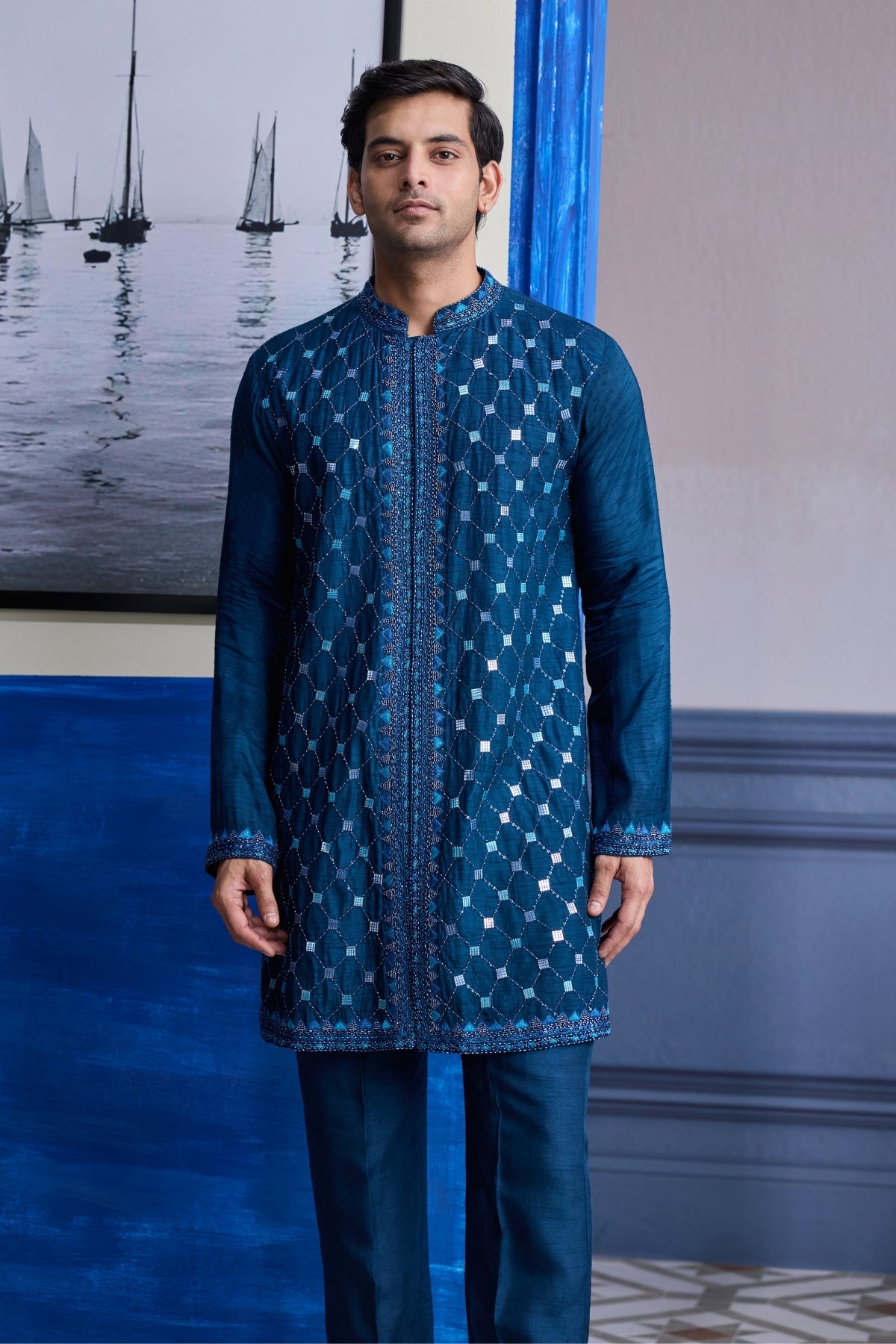 TEAL BLUE MIRROR EMBROIDERED KURTA PAIRED WITH PANTS