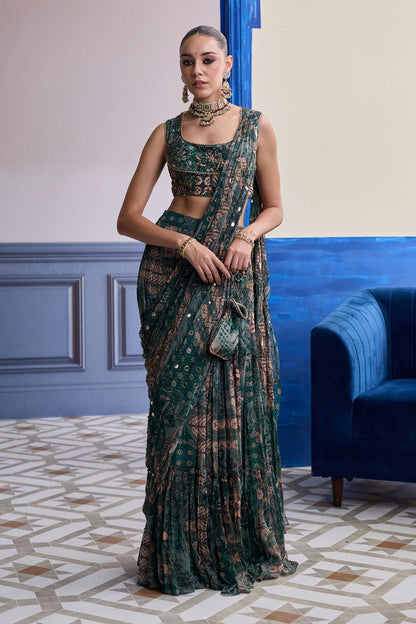 TEAL FLORAL BLOUSE WITH DRAPED TIERED SAREE SKIRT SET