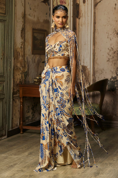 IVORY PRINTED AND HIGHLIGHTED BLOUSE WITH FRINGE JACKET & SKIRT SET