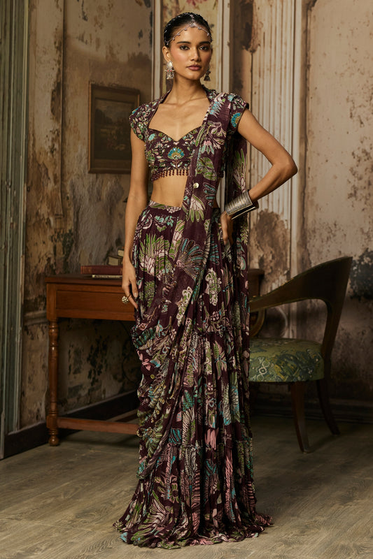 PLUM PRINT AND HIGHIGHTED TIERED SKIRT SAREE SET