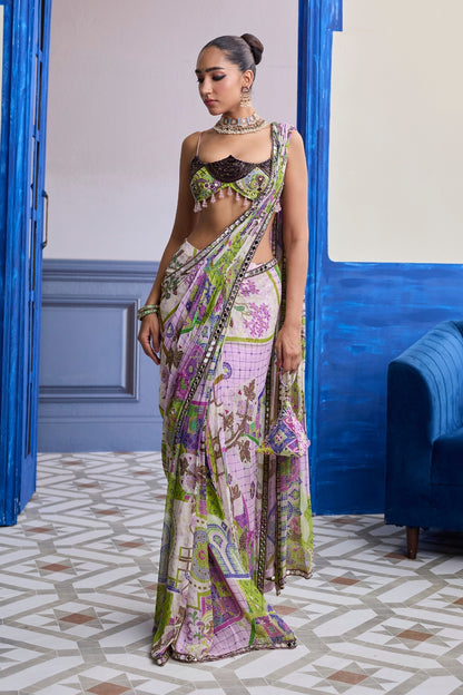 BUBBLEGUM MOSAIC SCALLOP BLOUSE WITH EMBROIDERY & DRAPED SAREE SKIRT SET