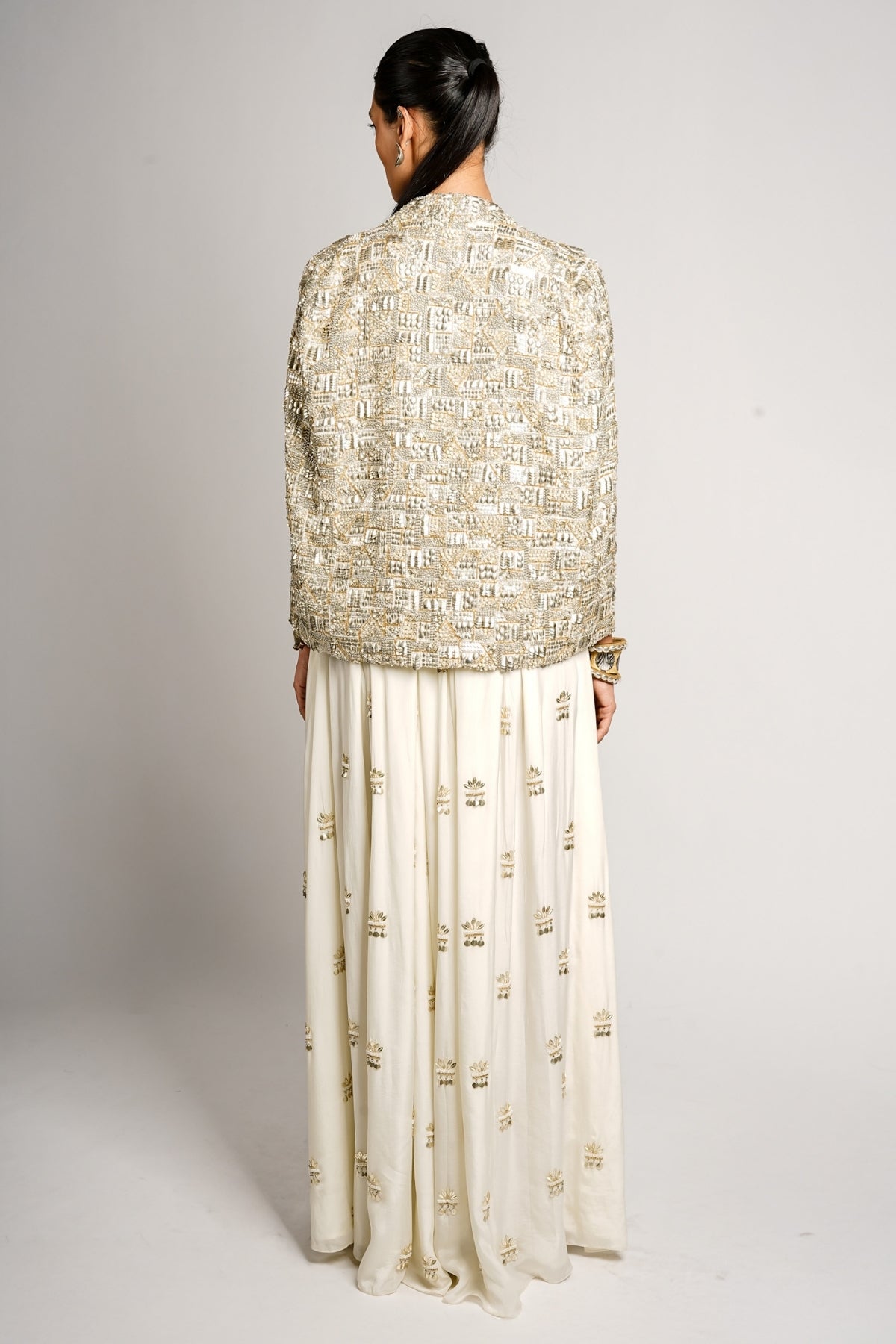 Miraya Embellished Cape Jacket With Bustier and Flared Pant