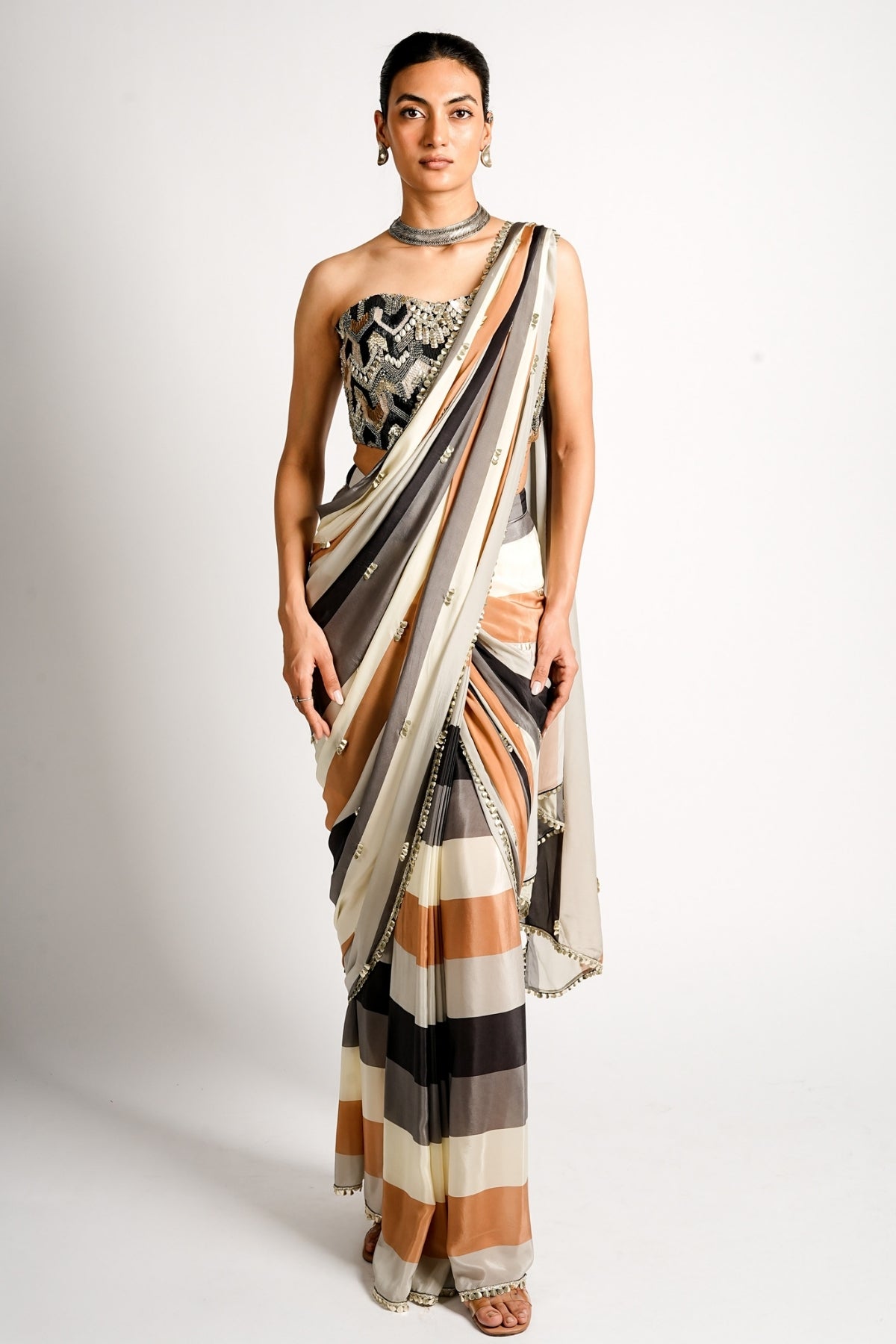 Aarza Striped Saree Set With Embellished Corset